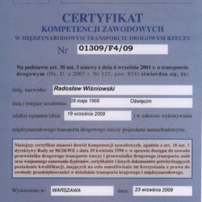 Certyfikat Kompetencji Zawodowych w Międzynarodowym Transporcie Drogowym Rzeczy nr 01309/FA/09 – Radosław Wiśniowski 